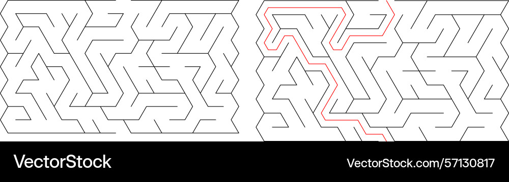 Mazes one solved with a red path Mazes one solved with a red path vector image