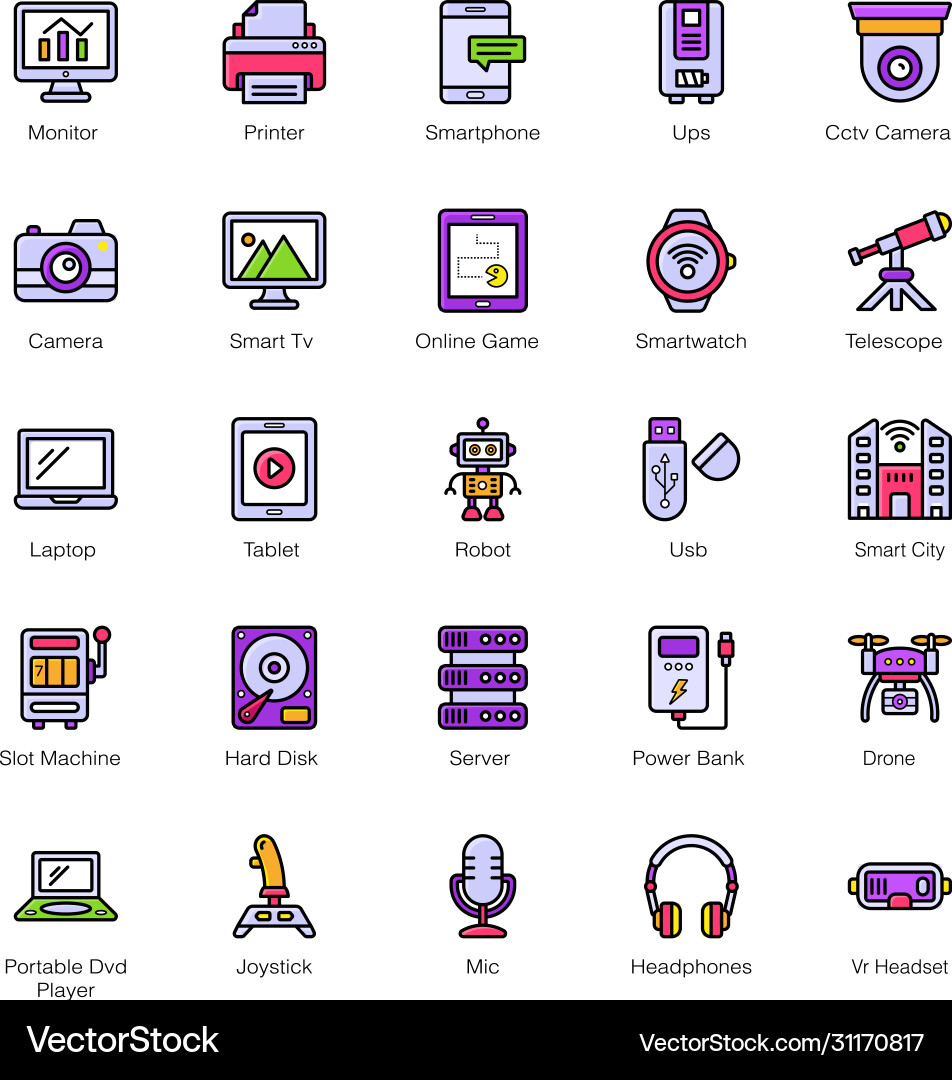 Technological objects flat outline icons vector image