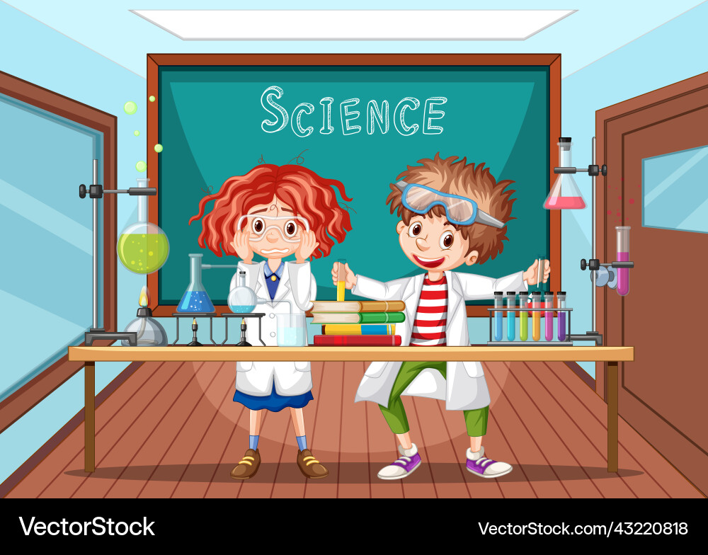 Classroom scene with scientist doing experiment Classroom scene with scientist doing experiment vector image