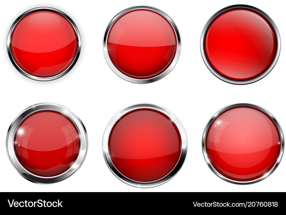 Glass 3d buttons red round icons with chrome vector image