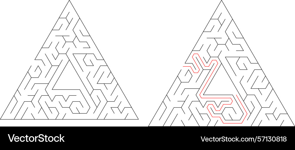 Mazes one solved with a red path Mazes one solved with a red path Vector Image