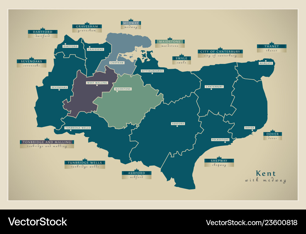 Modern map - kent county with details and medway Vector Image