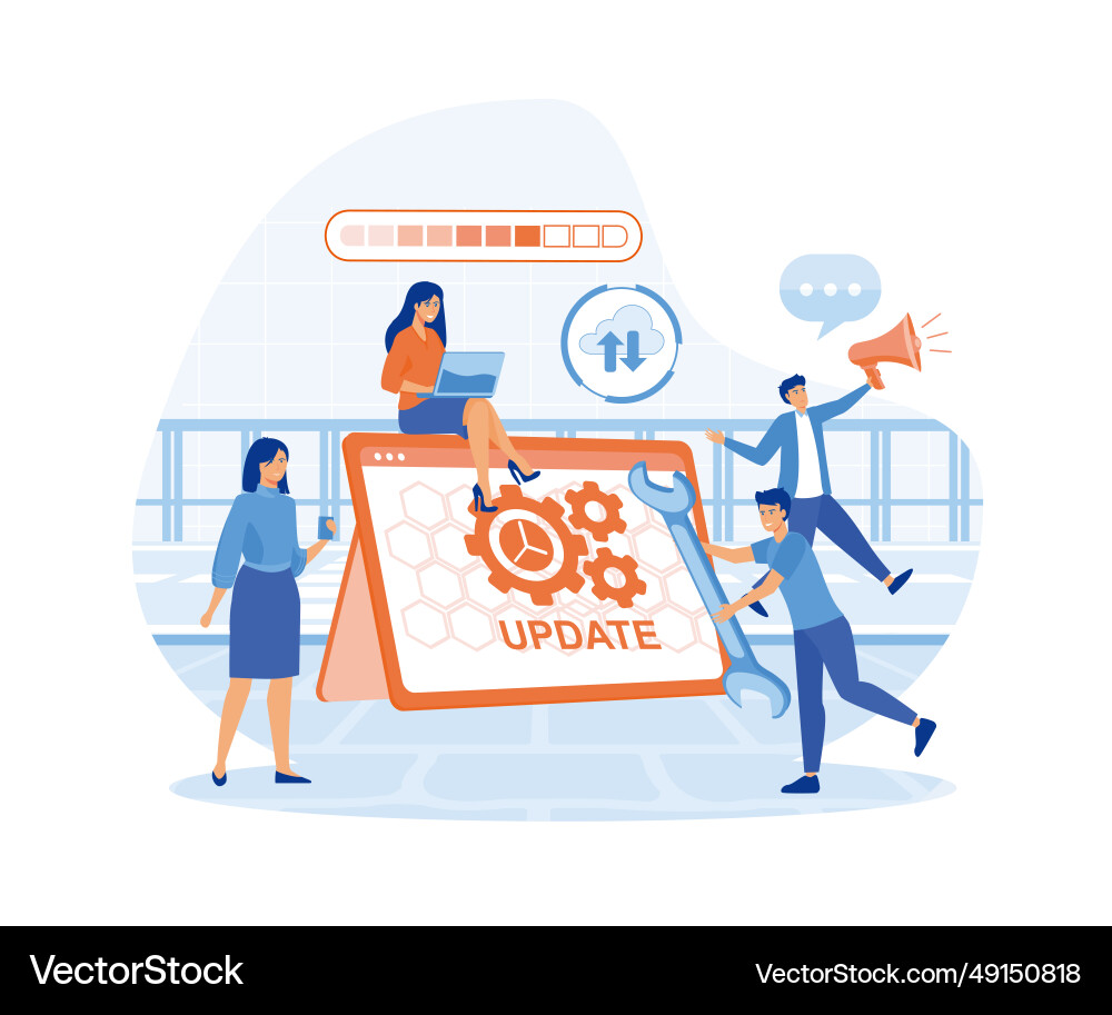 System updates with people updating operation System updates with people updating operation vector image