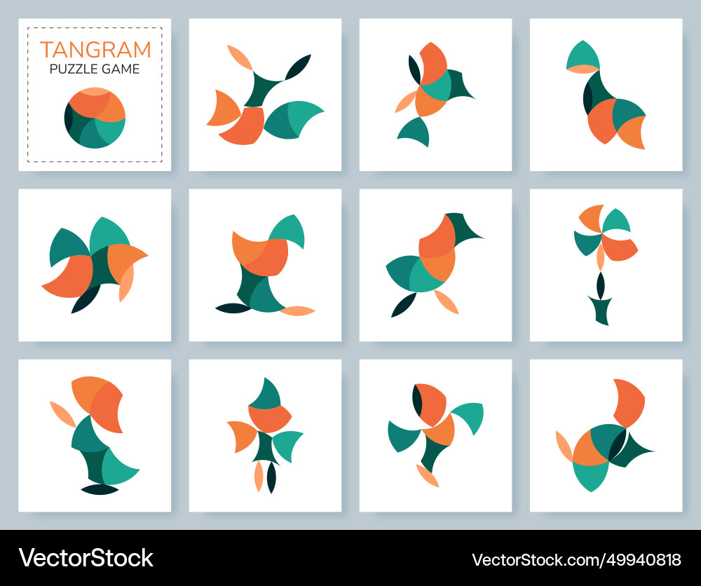 Tangram puzzle game set with objects Tangram puzzle game set with objects Vector Image