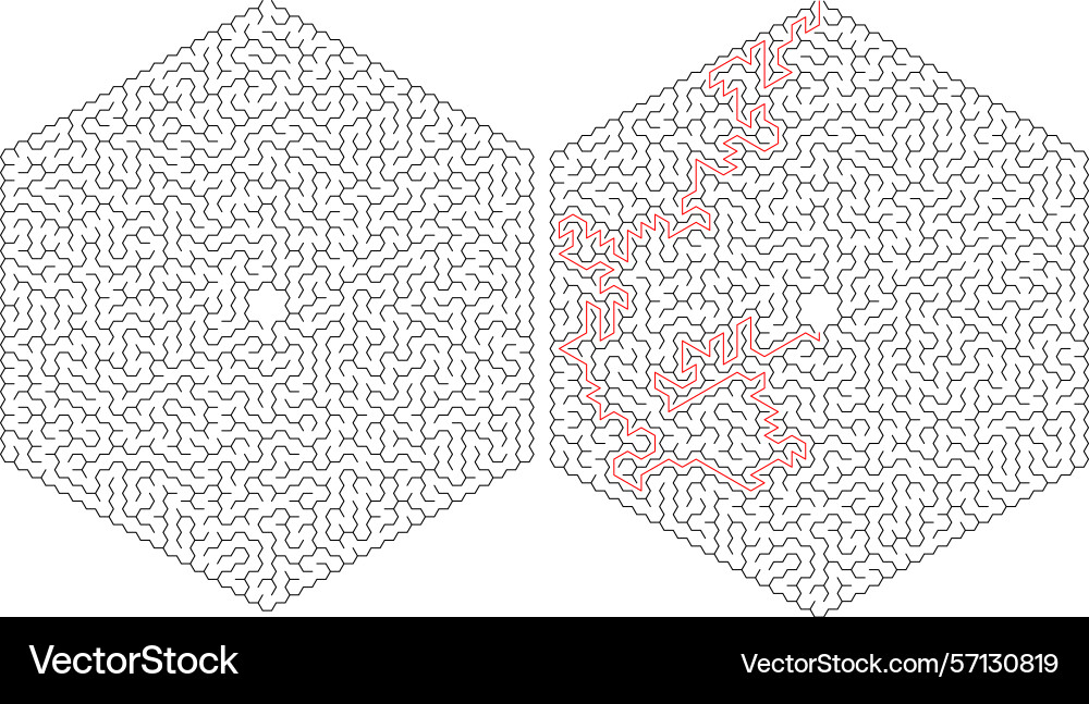 Mazes one solved with a red path Mazes one solved with a red path vector image