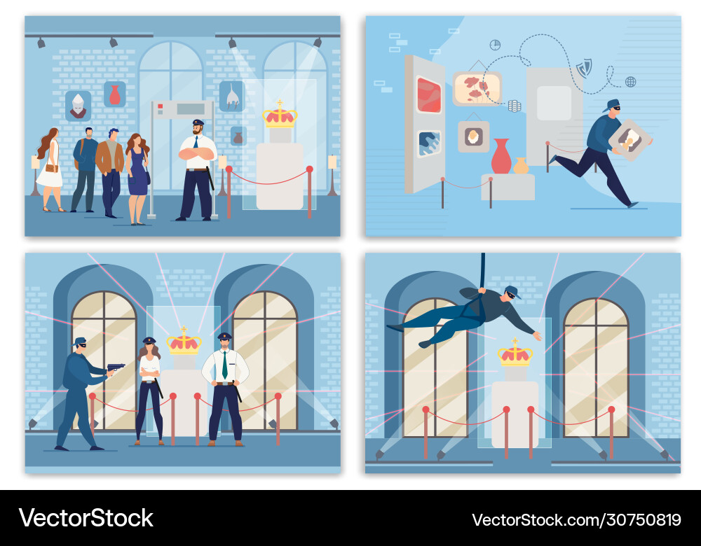 Museum security guard and theft people scene set Vector Image