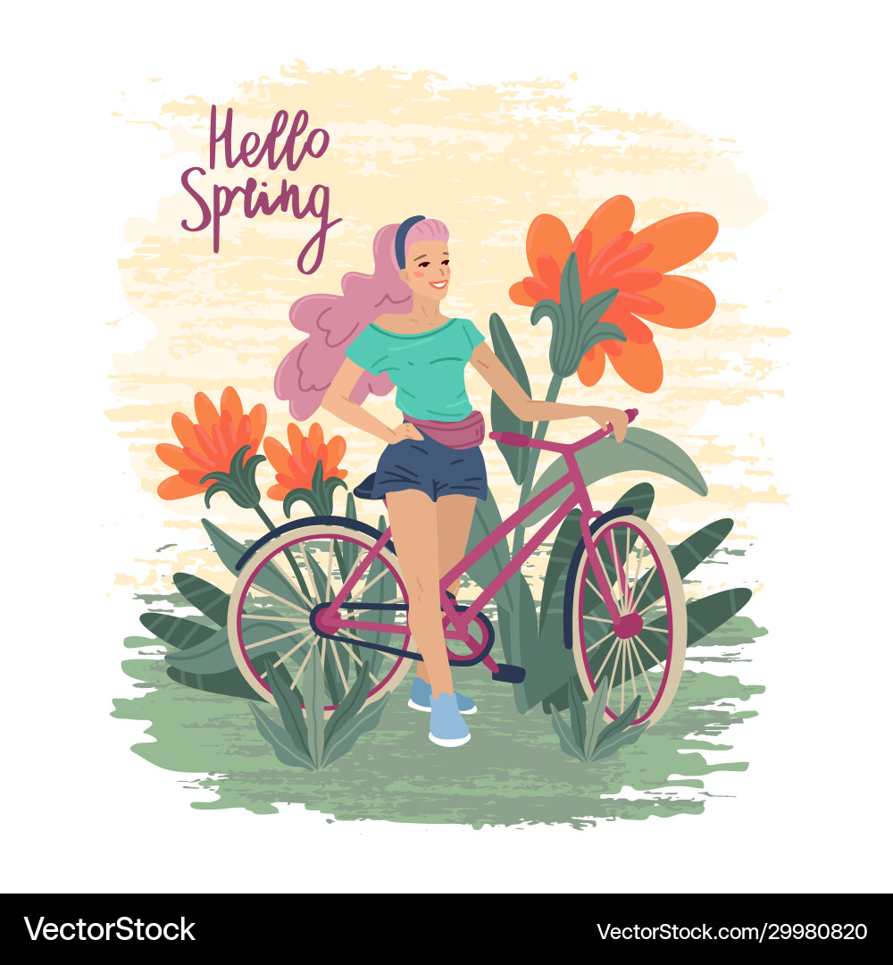 Hello spring smiling girl with long hair in dress Hello spring smiling girl with long hair in dress vector image