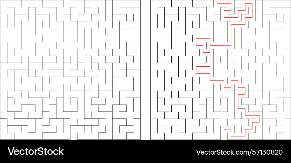 Mazes one solved with a red path Mazes one solved with a red path vector image