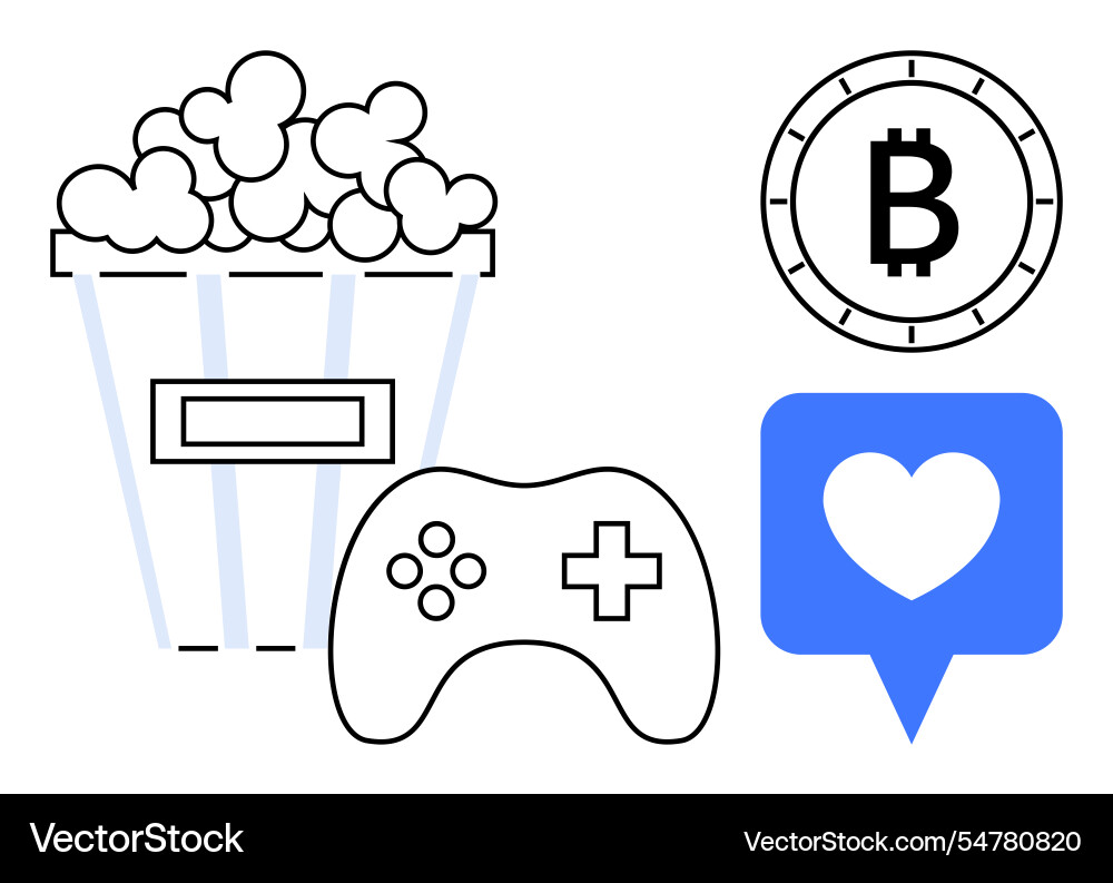 Popcorn game controller bitcoin coin and heart vector image