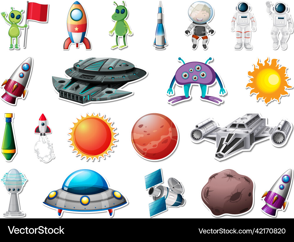 Sticker set of outer space objects and astronauts Sticker set of outer space objects and astronauts vector image