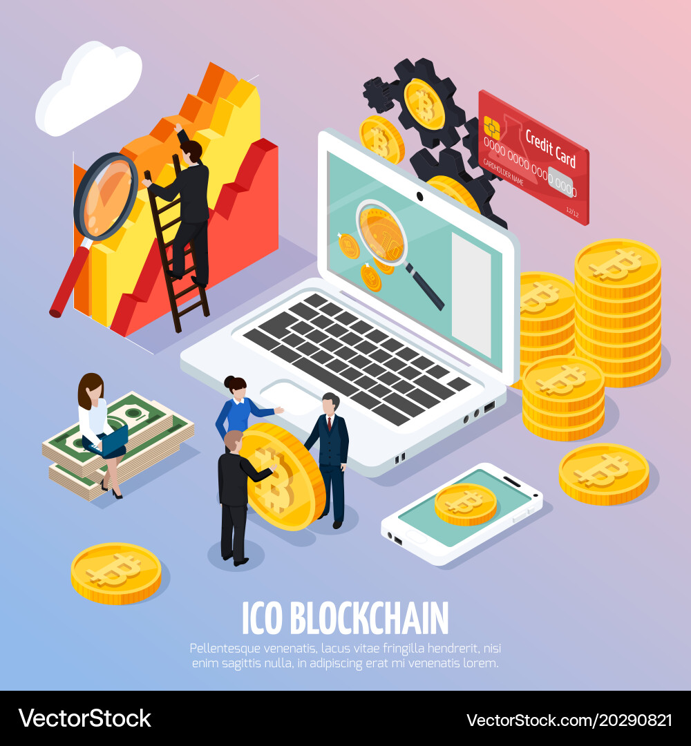 Ico blockchain concept isometric composition vector image