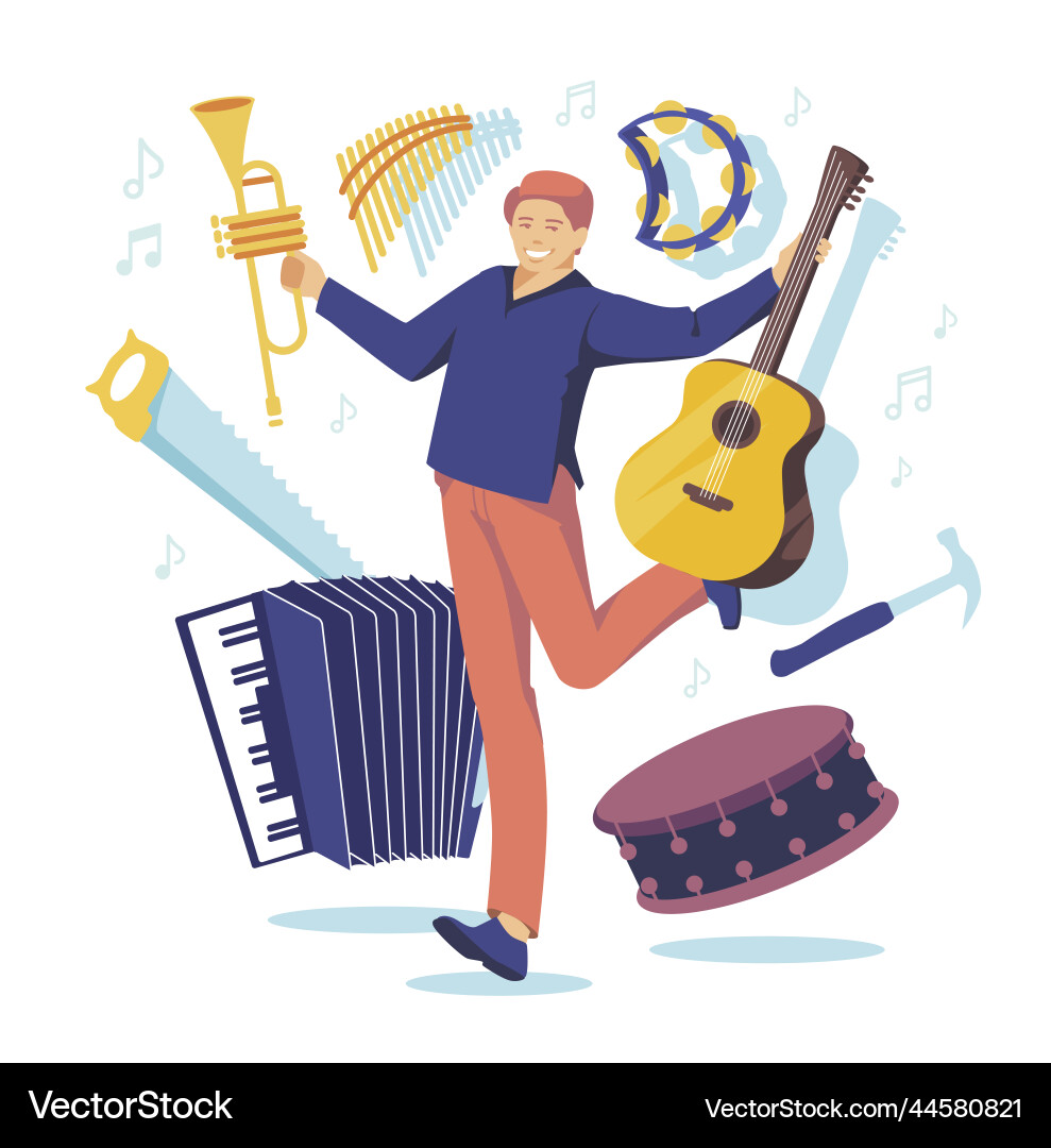 Multitasking man-orchestra with many instruments vector image