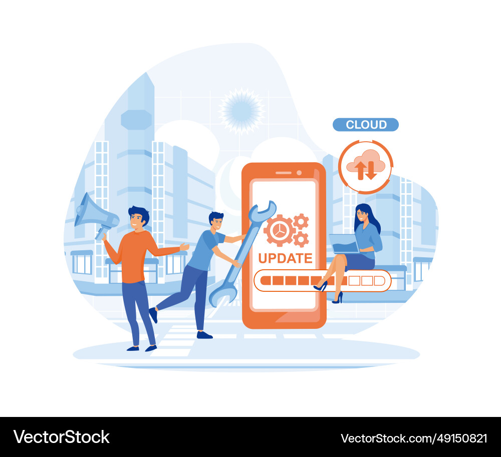 System updates with people updating operation System updates with people updating operation vector image