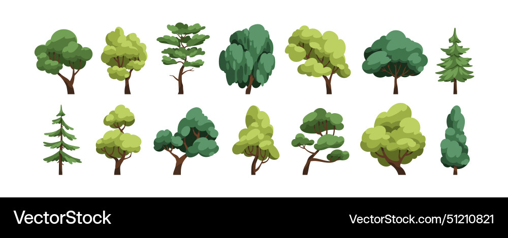 Trees set forest foliage plants lush leaf canopy Trees set forest foliage plants lush leaf canopy vector image