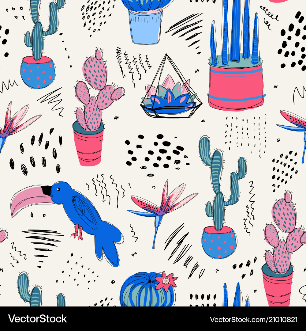 Tropical abstract seamless pattern with cactuses vector image