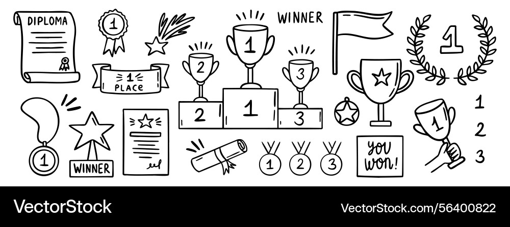Awards winner doodle hand drawn icon set outline Awards winner doodle hand drawn icon set outline Vector Image