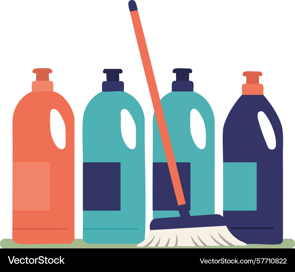 Cleaning bottles with mop in colorful container Vector Image