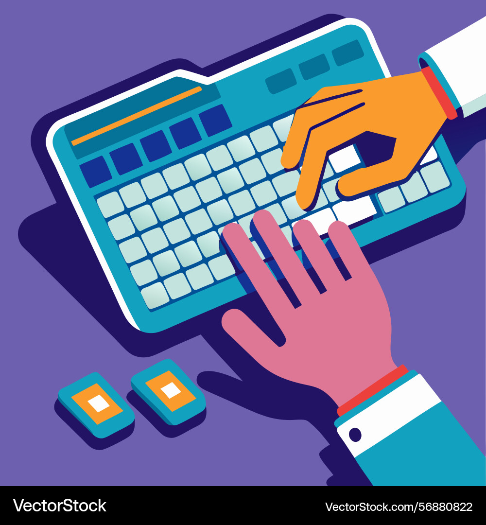 Hands using keyboard representing teamwork Hands using keyboard representing teamwork Vector Image
