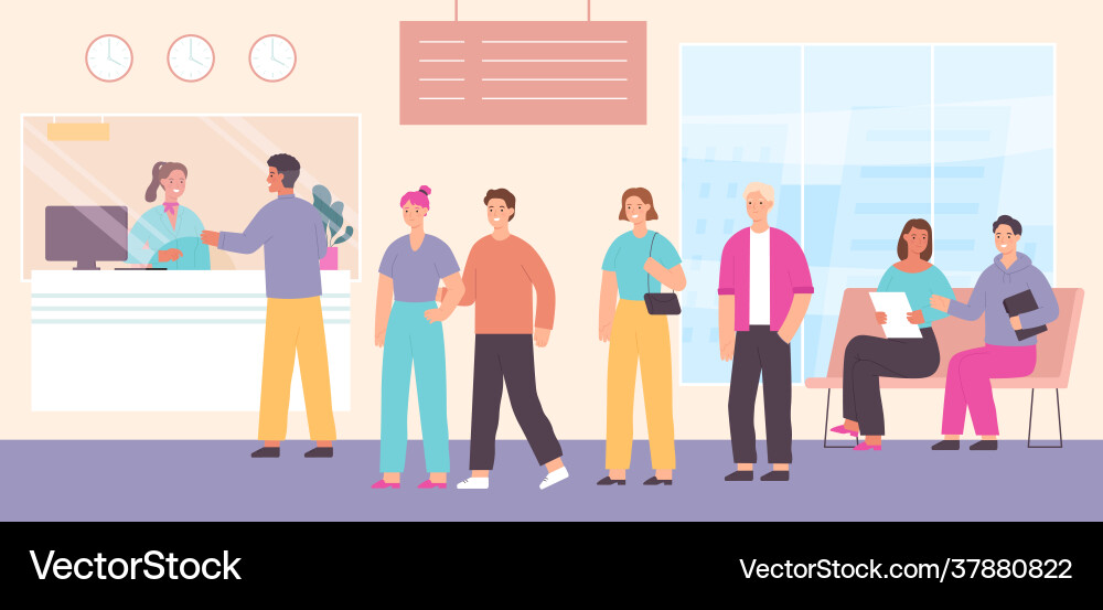 Queue to bank cashier customers wait in line Queue to bank cashier customers wait in line vector image
