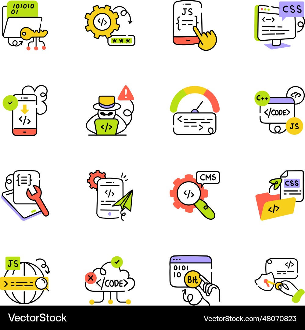 Collection of coding hand drawn icons vector image