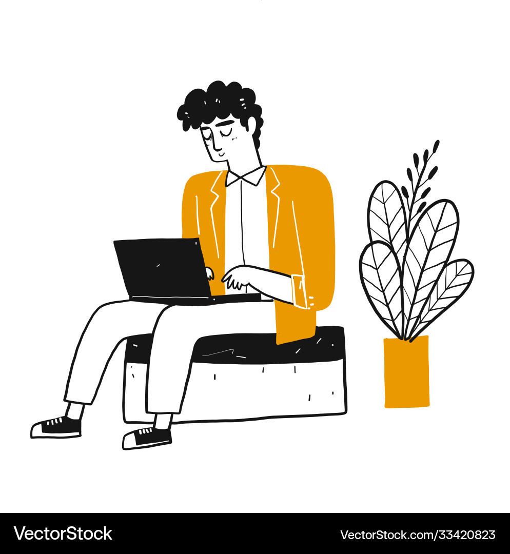 Drawing character a man use notebook Drawing character a man use notebook vector image