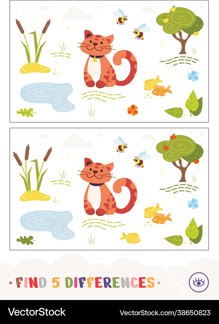 Find five differences quiz with a cat lake vector image