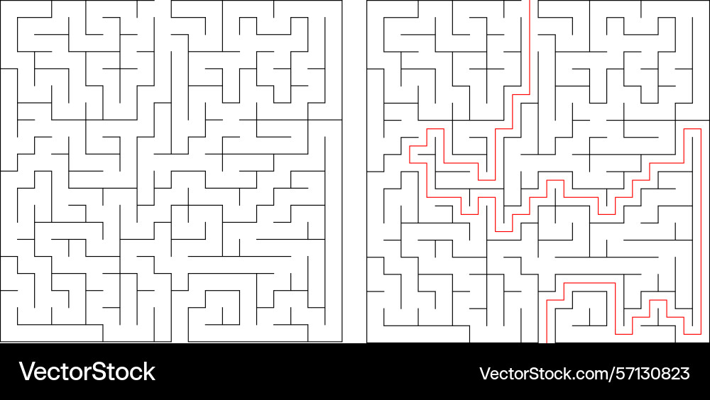 Mazes one solved with a red path vector image