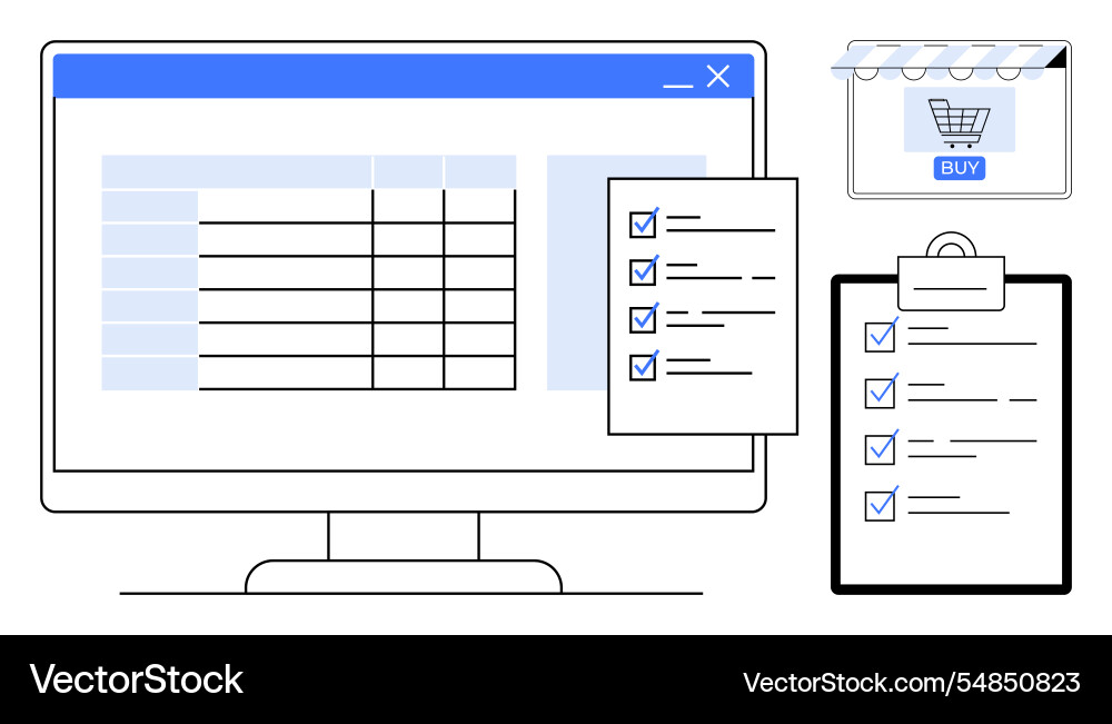 Online shopping cart with checklist and computer Online shopping cart with checklist and computer vector image