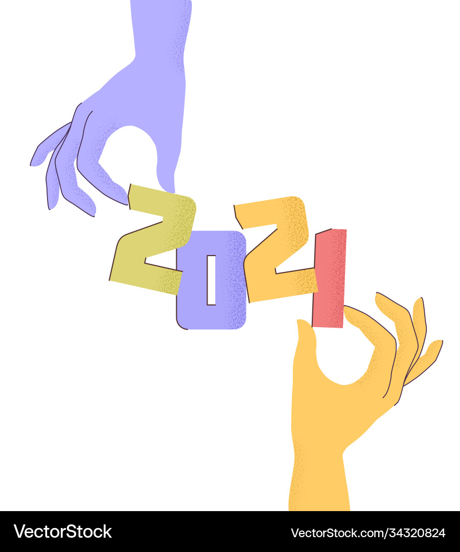 2021 with flat cartoon numbers and human hands 2021 with flat cartoon numbers and human hands vector image
