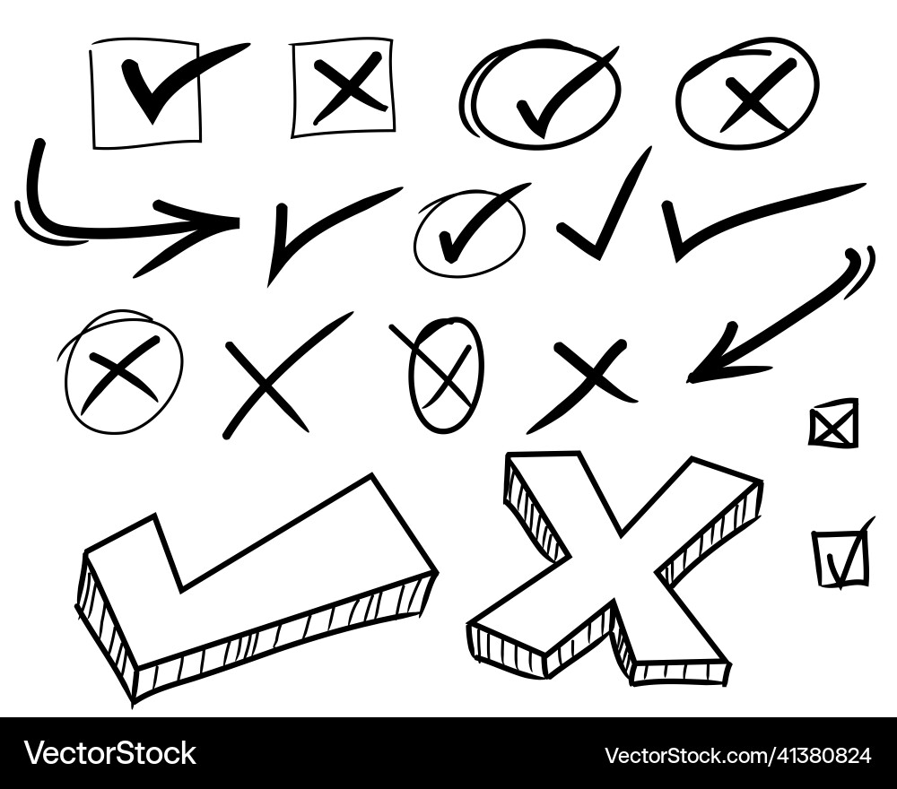 Doodle set check mark cross and arrow tick Doodle set check mark cross and arrow tick vector image