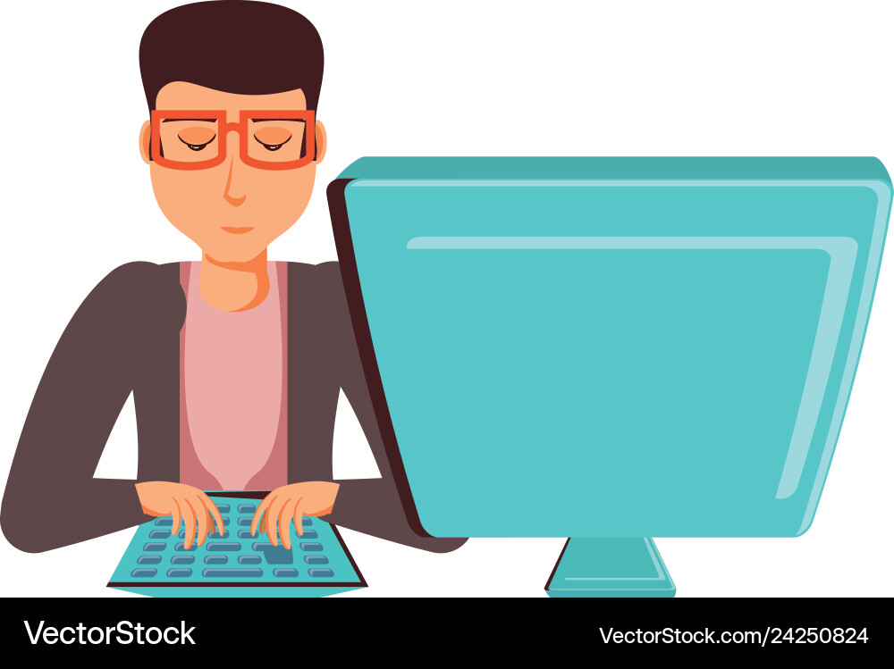 Man with desktop computer isolated icon vector image