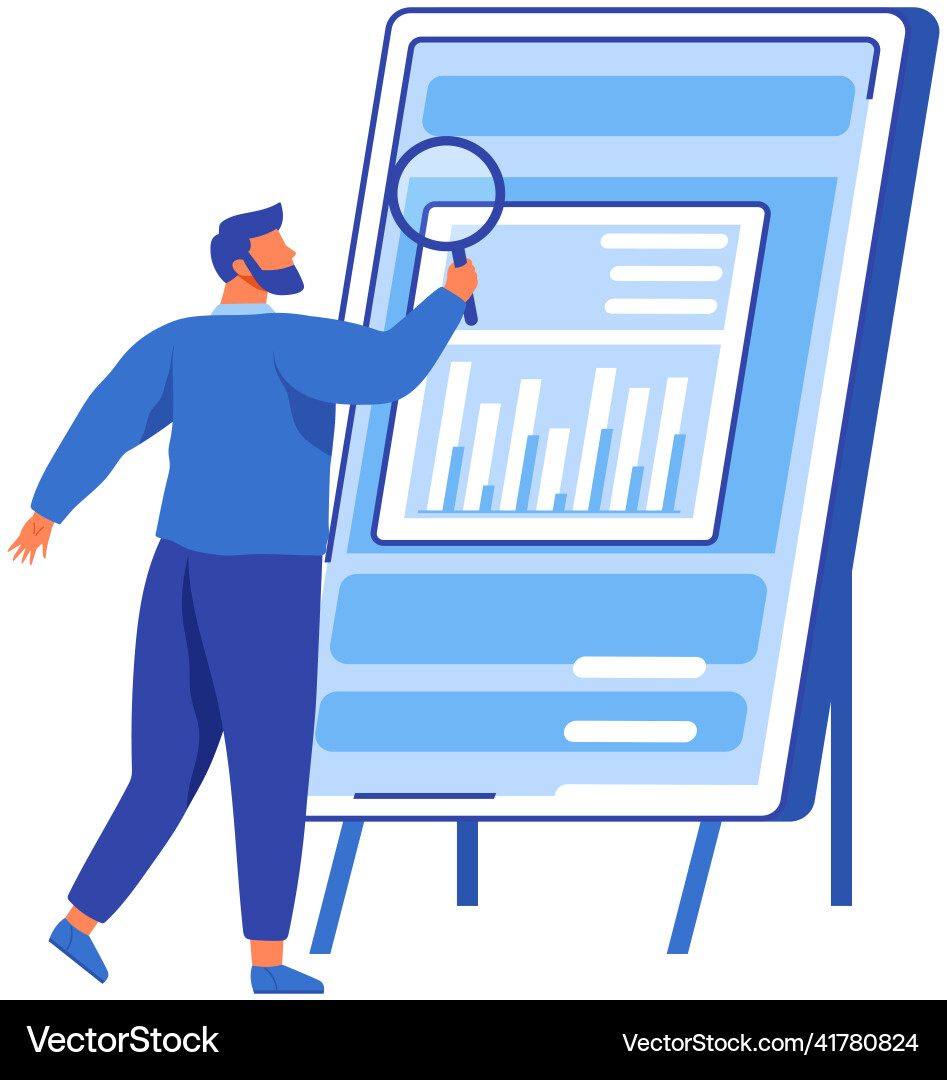 Man with loupe looking for information in text Man with loupe looking for information in text Vector Image