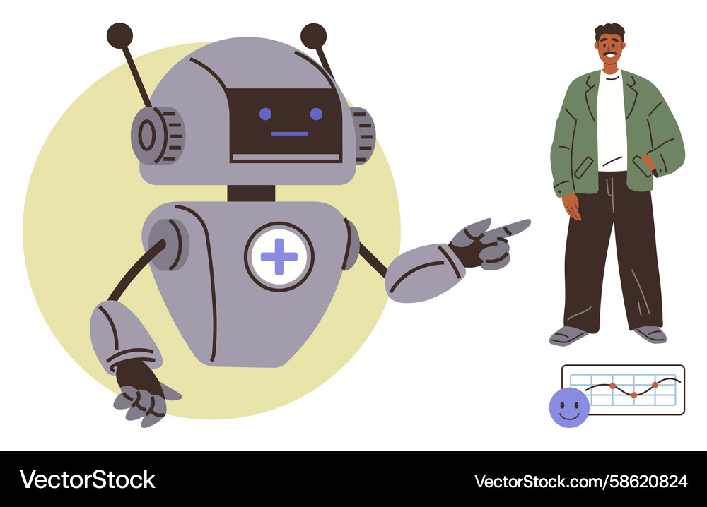 Robot Analyzing Human Data Trends Vector Image