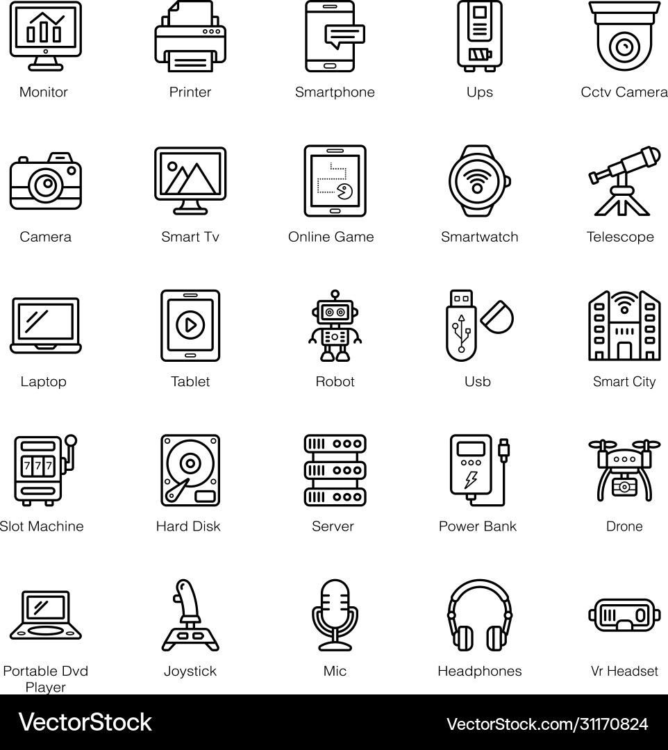 Technological objects line outline icons Vector Image