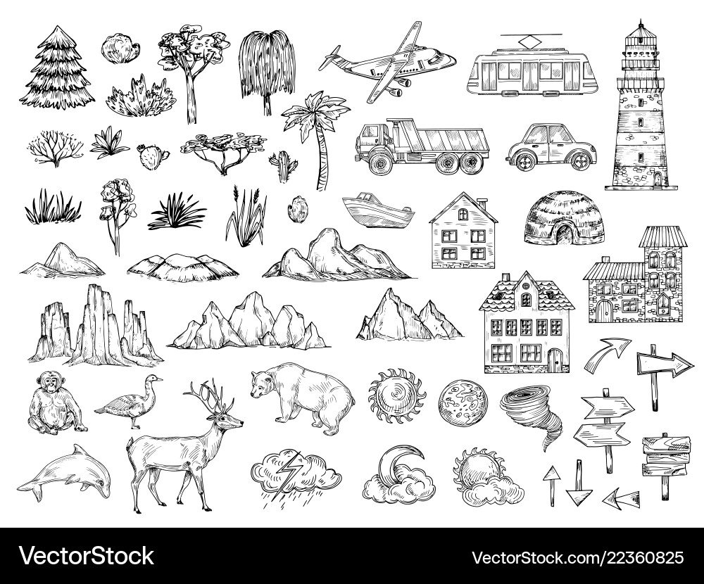 Hand-Drawn Map Elements - Terrain & Icons Vector Image