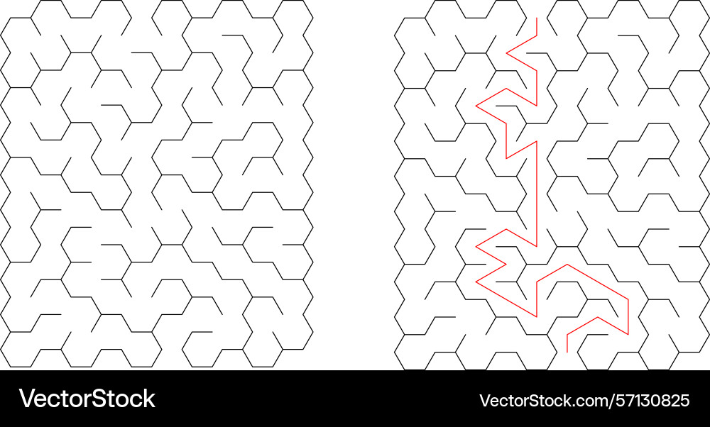 Mazes one solved with a red path vector image