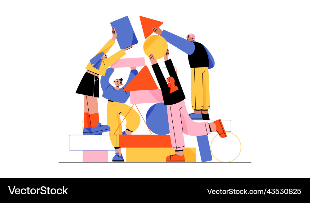 People working together set up abstract shapes Vector Image
