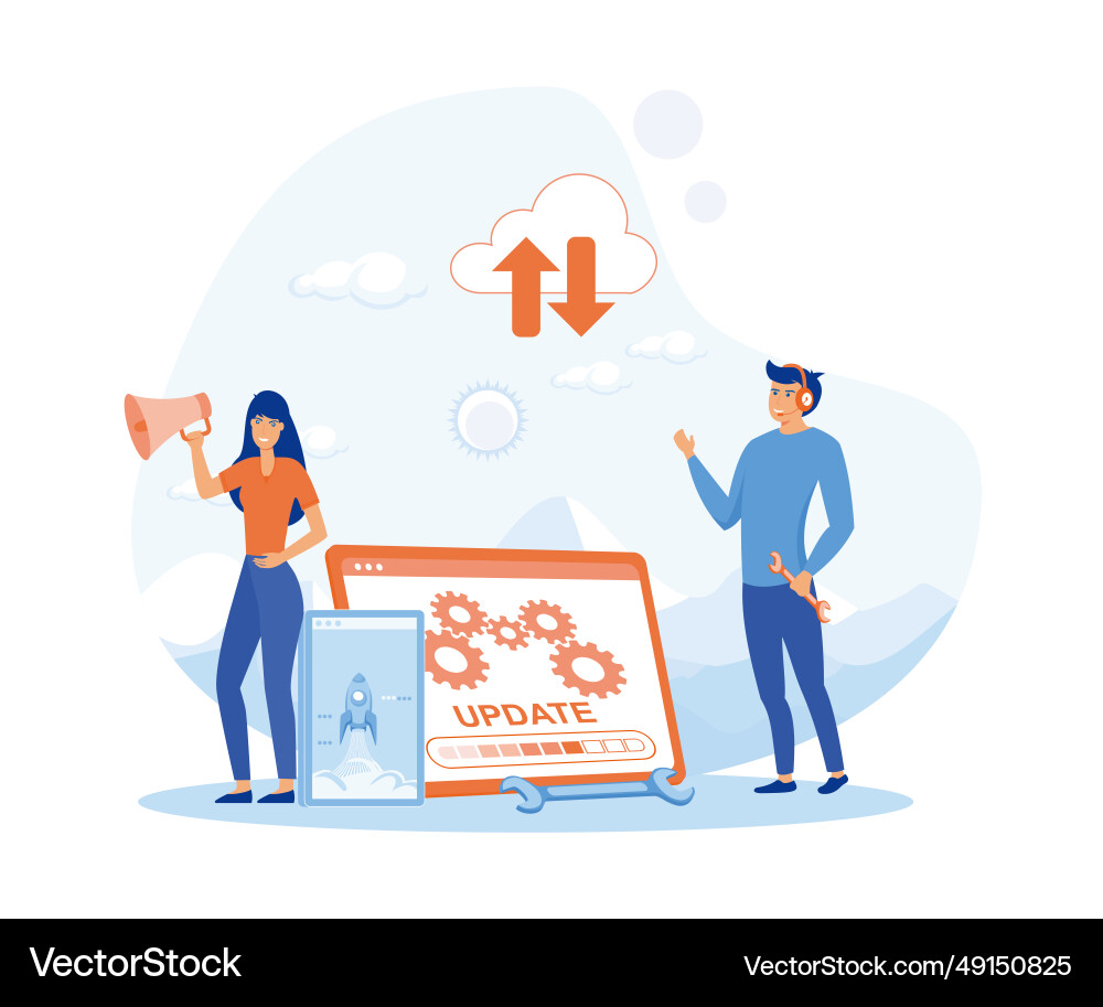 System updates with people updating operation System updates with people updating operation vector image