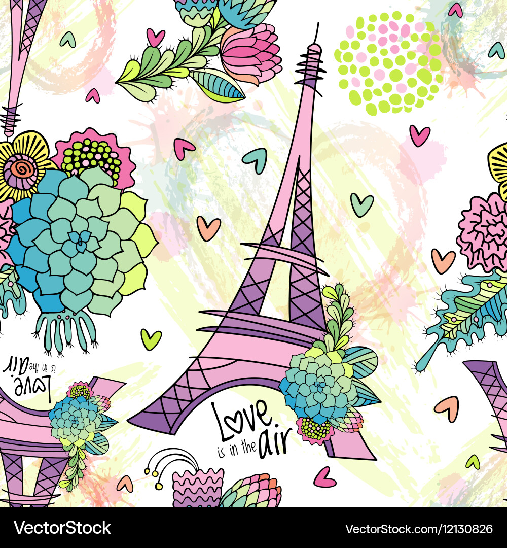 Abstract floral seamless pattern with eiffel tower vector image