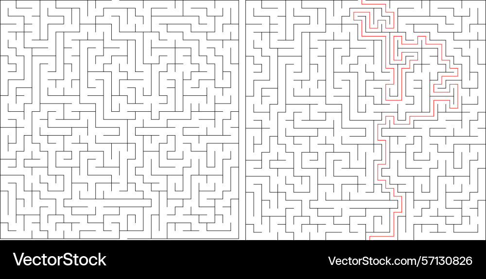 Mazes one solved with a red path Mazes one solved with a red path Vector Image