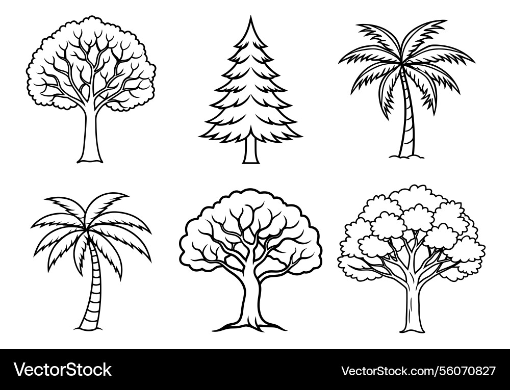 6 type trees line art tree bundle Vector Image