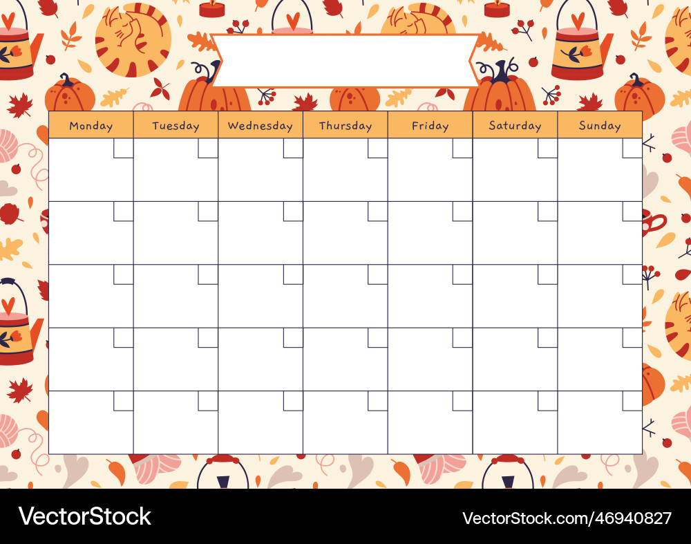 Cute monthly calendar template with cozy autumn Cute monthly calendar template with cozy autumn vector image
