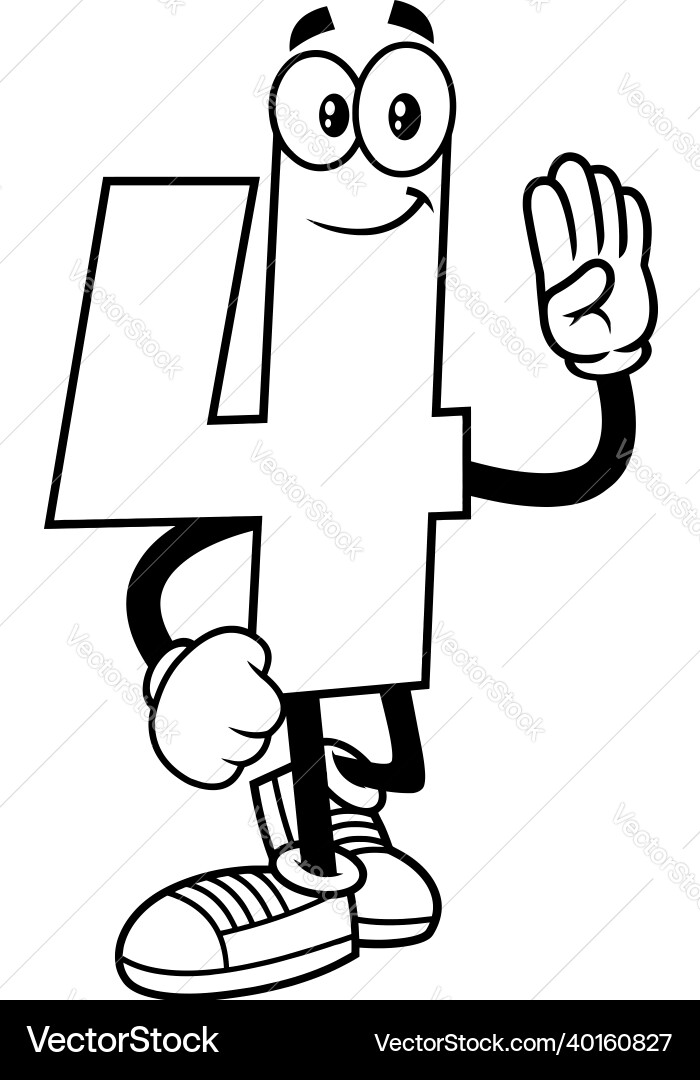 Outlineed lustige Nummer vier 4 Cartoon Charakter Outlineed lustige Nummer vier 4 Cartoon Charakter vektorbild