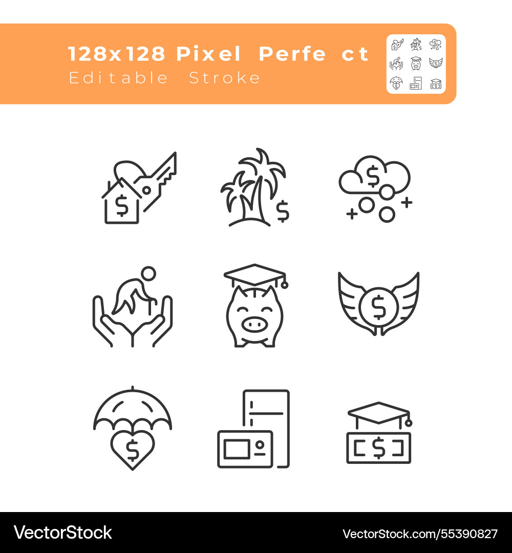 Passive income freedom pixel perfect linear icons Passive income freedom pixel perfect linear icons vector image