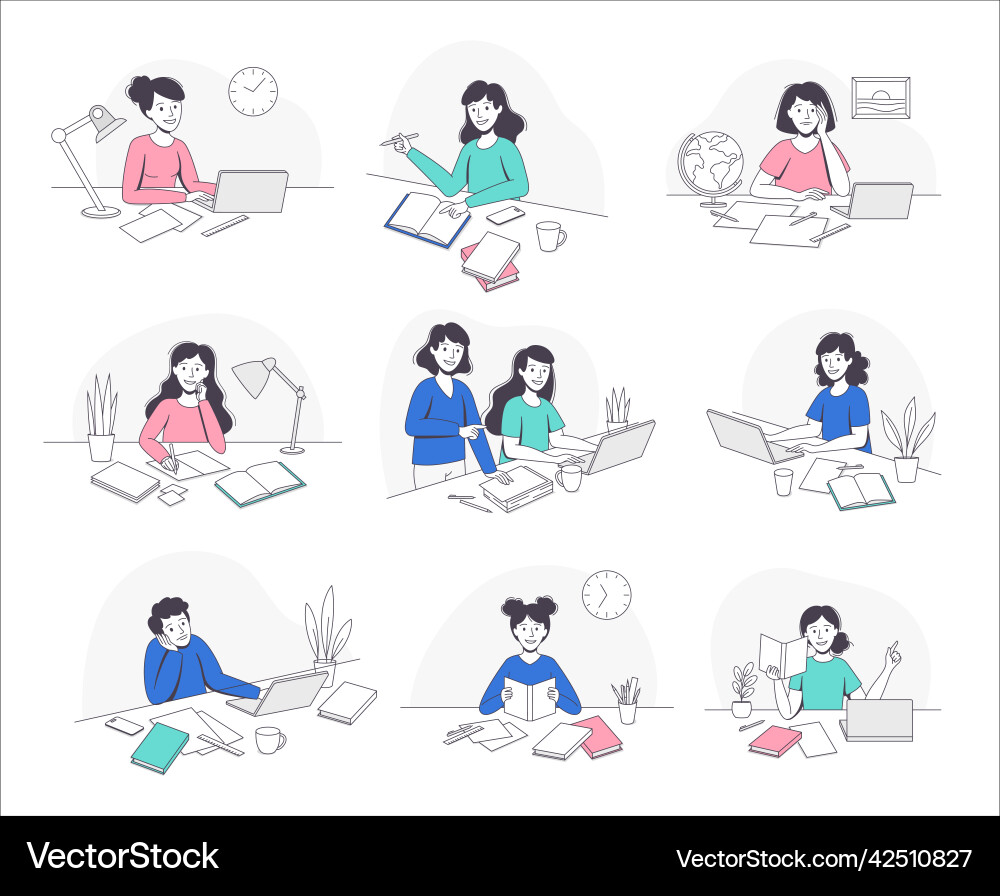 School pupil doing homework sitting at desk School pupil doing homework sitting at desk vector image