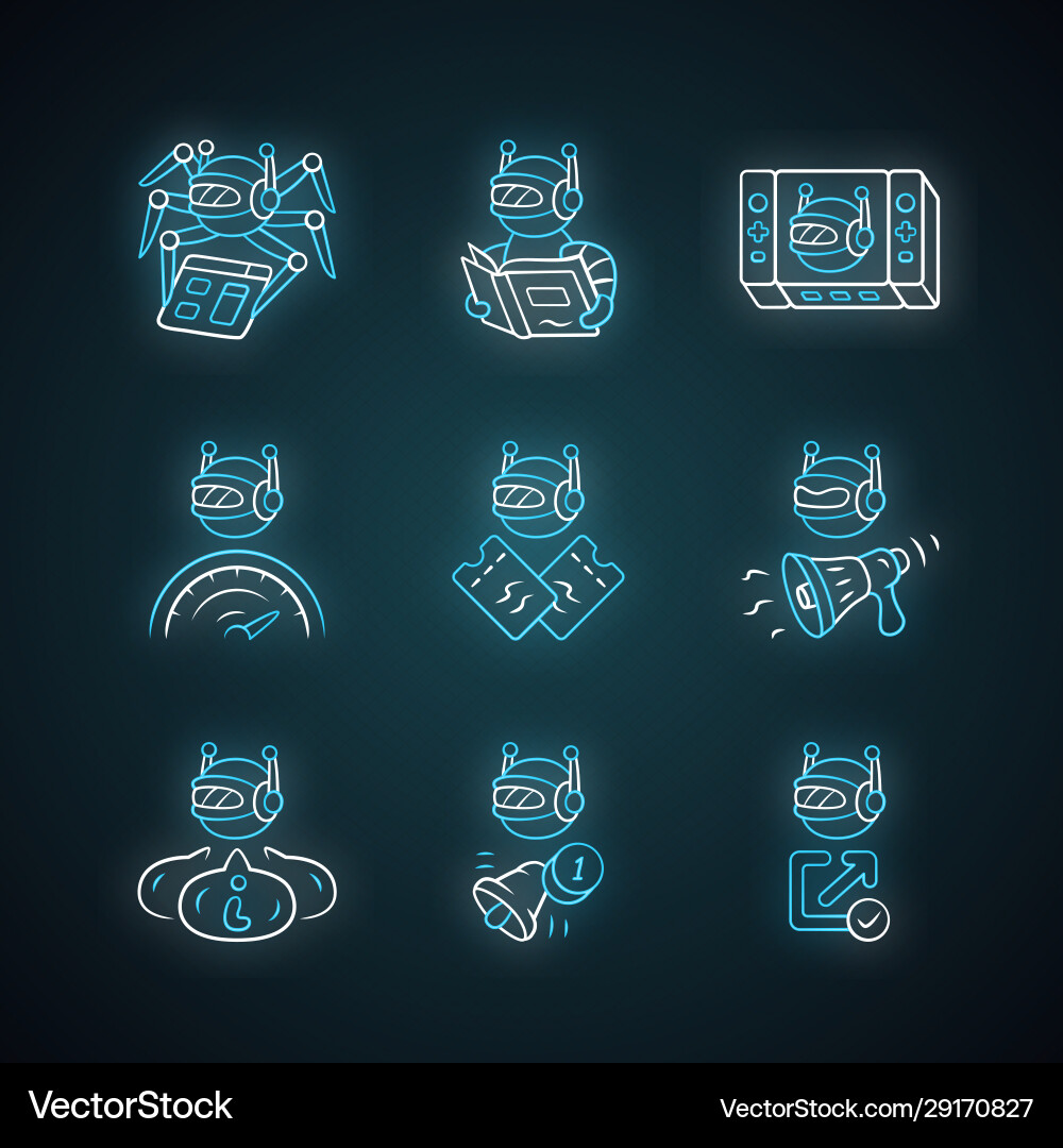 Web robots neon light icons set crawler Web robots neon light icons set crawler vector image