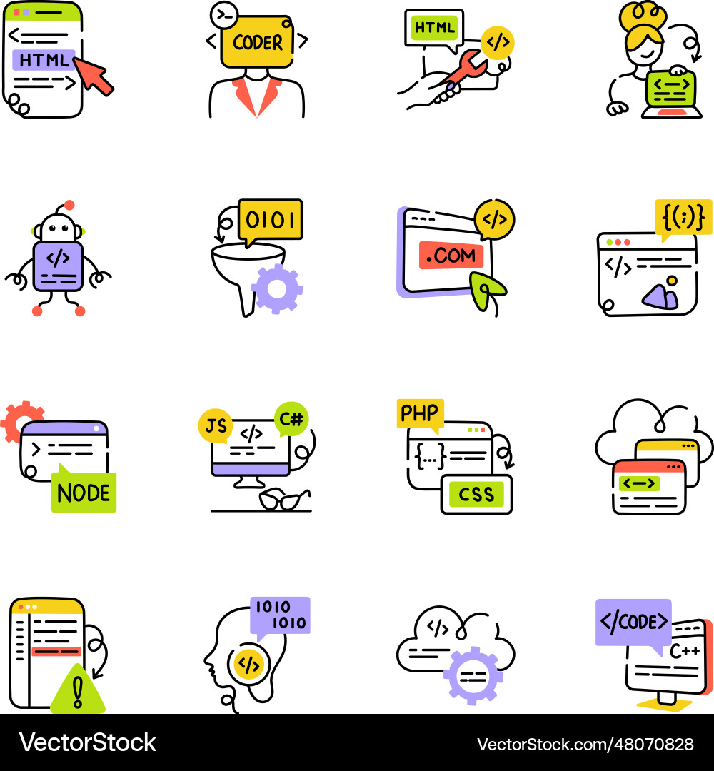 Bundle of programming hand drawn icons vector image