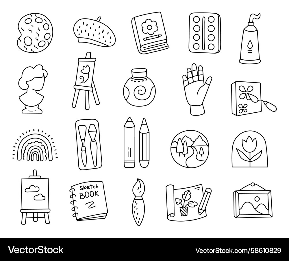 Art set in outline style with showing tools Vector Image
