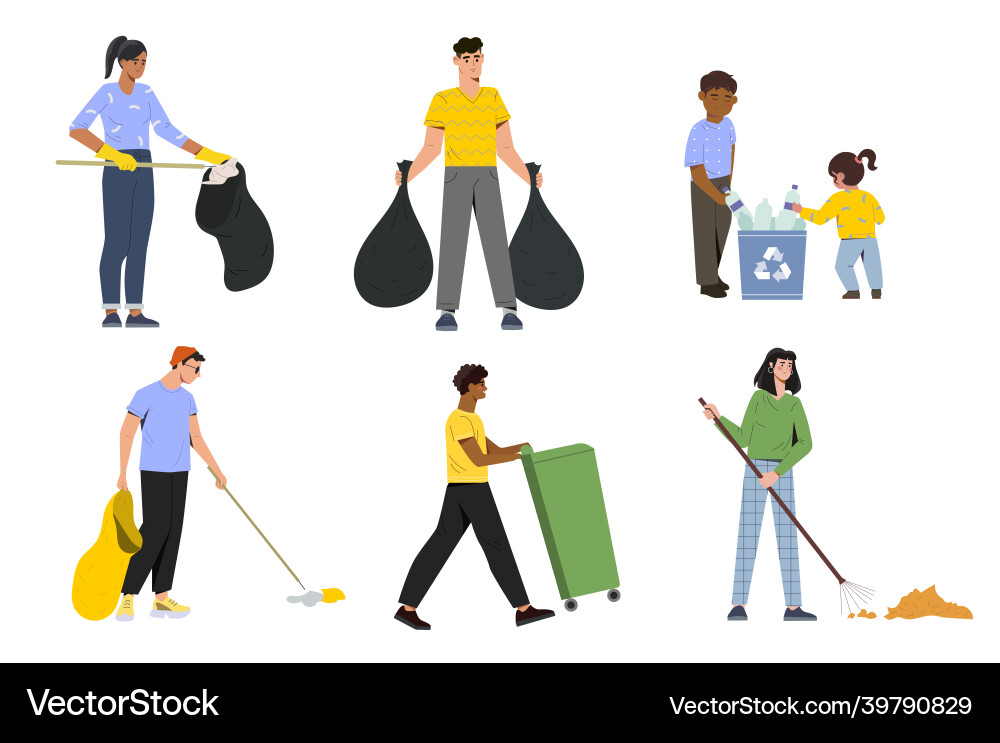 Set of people collecting garbage Set of people collecting garbage vector image