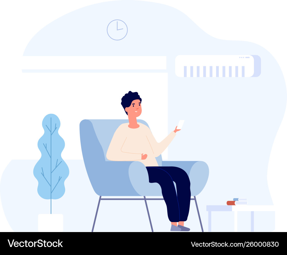 Air conditioner concept young man sitting in home Air conditioner concept young man sitting in home vector image